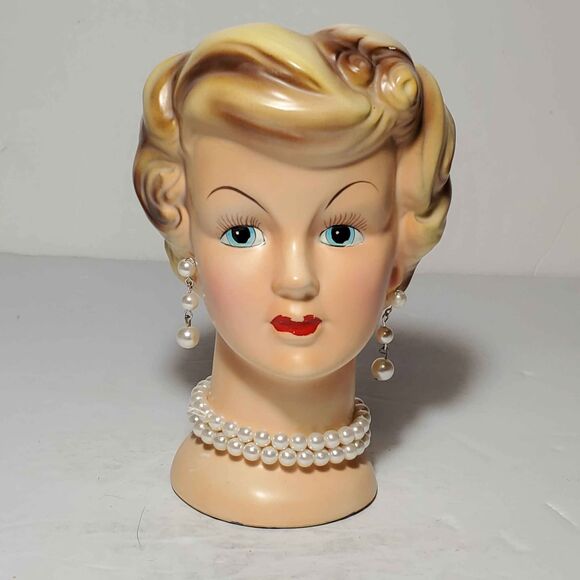 Enesco Lady Head Vase Pearls Vintage - Picture 1 of 9